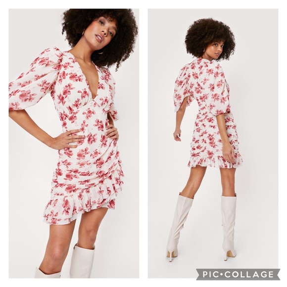 NWT Nasty Gal Floral Puff Sleeve V Neck Wrap Mini Dress